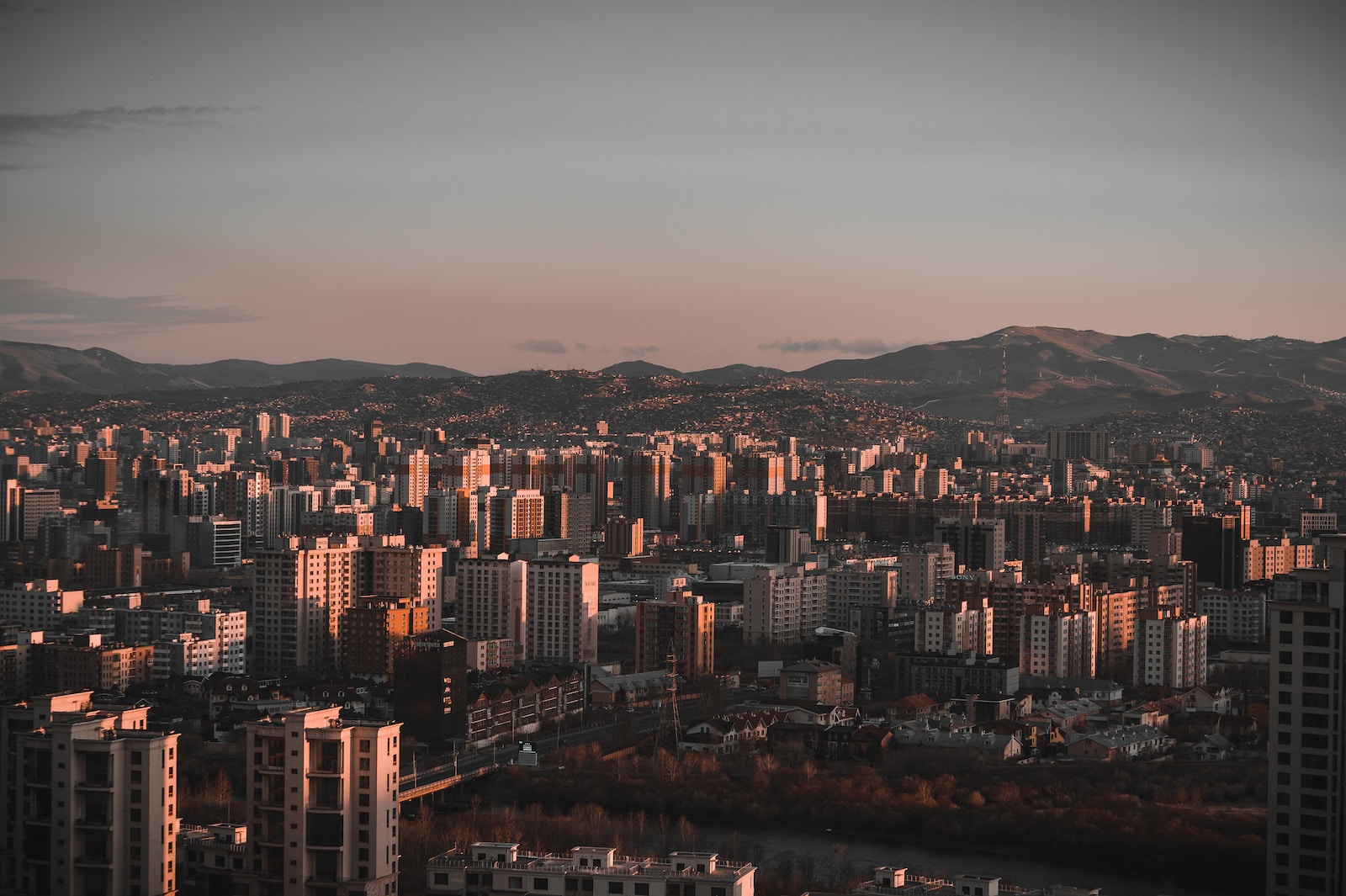 aerial view of city buildings during night time