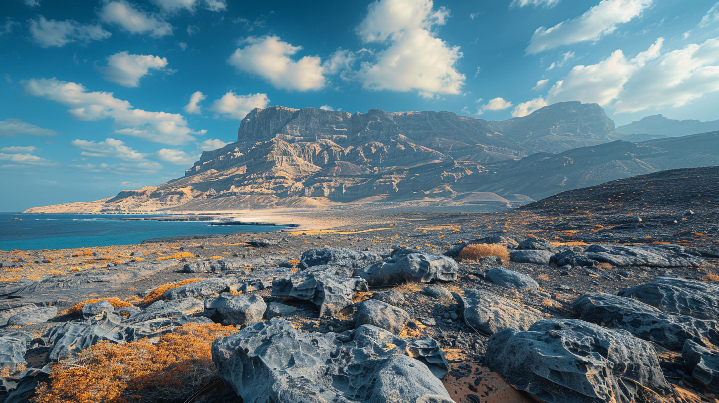 Felsige, trockene Landschaft mit verstreuten orangefarbenen Sträuchern im Vordergrund, dramatischen Bergklippen im Hintergrund und einem blauen Meer unter einem teilweise bewölkten Himmel.