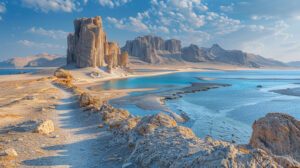 Dramatische Felsklippen erheben sich neben einem leuchtend blauen See unter einem teilweise bewölkten Himmel in einer Wüstenlandschaft mit sandigem und felsigem Gelände im Vordergrund.