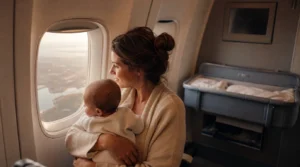 Elternteil mit Baby am Flugzeugfenster