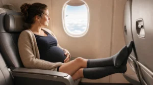 Schwangere Frau am Fensterplatz im Flugzeug