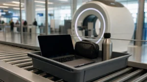 Wanne an der Sicherheitskontrolle mit Laptop und Kulturbeutel