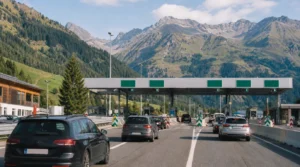Mautstelle auf einer Alpenautobahn mit wartenden Autos