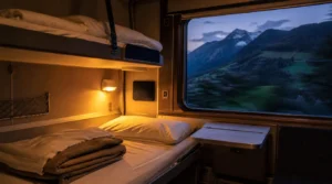 Liegewagenabteil im Nachtzug mit Blick auf die Landschaft
