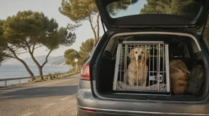 Hund in einer gesicherten Transportbox im Kofferraum