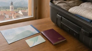 Versicherungsunterlagen und Reisepass neben einem gepackten Koffer