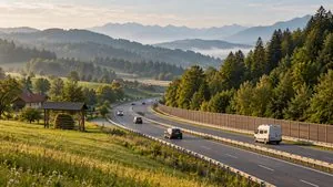 Autobahn durch grüne Hügel mit einer Heuharfe am Wiesenrand