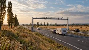 Autobahn durch flache Felder mit Kameraportal und einem Auto mit Wohnwagen